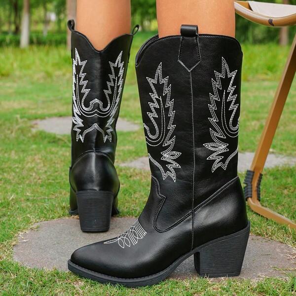 Women's Retro Embroidered Western Boots - Pointed Toe High Heels, Faux Leather With TPR Outsole, Zipper Closure, Suitable For Horse Riding, Music Festivals, Casual Outings, Holiday Attire. Embossed Boot Design, Fabric Lining, Durable Sole