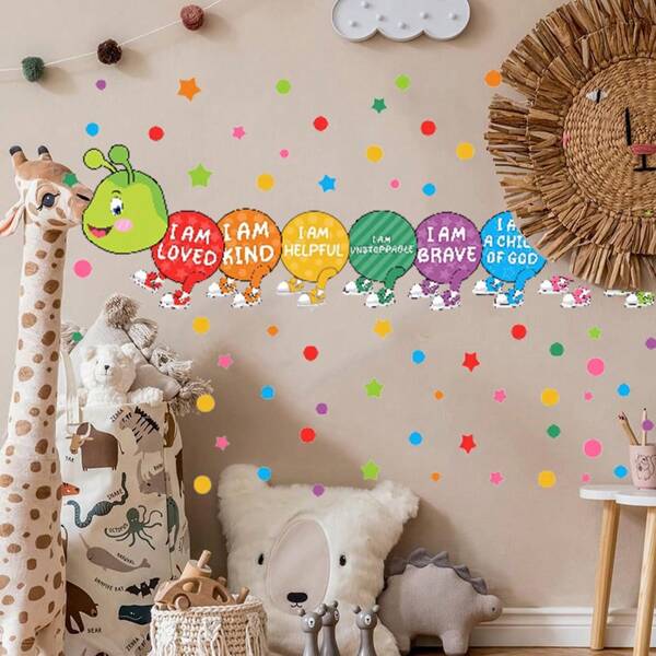 1 pieza Adhesivo de pared motivacional con el lema <<Soy» con diseño de gusano de colores, adhesivos de pared con lema inspirador y puntos, para habitación de juegos, aula o dormitorio