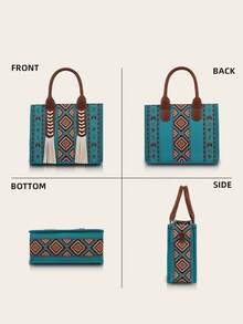 2pcs Bohemian Retro Set Including Women Tote Bag With Tassel & Wallet - Turquoise - View 3
