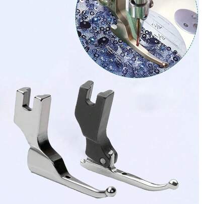 全新全钢压脚，银灰色设计，更适合制作婚纱和亮片面料，兼容电脑平缝机、兄弟缝纫机以及大多数低柄缝纫机配件。缝纫机配件包括：缝纫机压脚、缝纫工艺面料、缝纫机压脚、缝纫机替换金属支架、绣花机、绣花纽扣等。