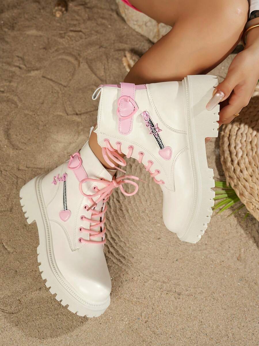 女士米色粉色丝带心形蝴蝶结拉链短靴，秋/春季款 | 2025新款厚底可爱粉黑踝靴，休闲户外度假时尚派对T台欧美复古骑士靴，法式简约冬季网红推荐坡跟踝靴 - 米色 - 查看 1