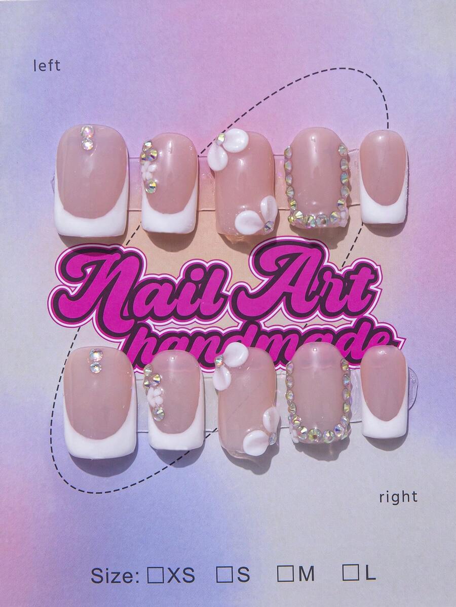 10件/套 Y2K 方口风格手工亚克力美甲贴，法式设计，豹纹，水钻，心形和蝴蝶结装饰，棕色和裸色可选。3种尺寸可选，适合派对、舞会和日常佩戴。附赠美甲工具套装，是送给女士和女孩的绝佳礼物。美甲用品