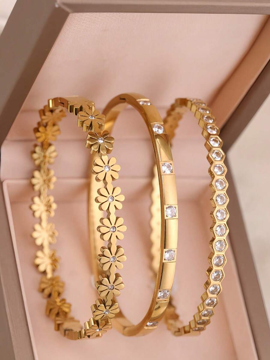 3 件/1 件优雅方晶锆石不锈钢女士手链，适合日常佩戴和叠戴