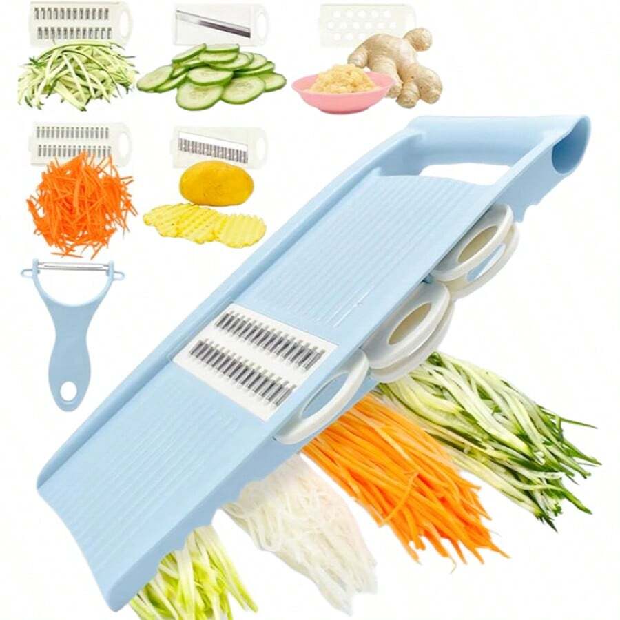 5 In 1 Mandoline Slicer Vegetable Slicer For Kitchen, Effortless Food Preparation With Space-Saving Storage, Multi Blade Potato Chip, Veggie Slicer, Vegetable Cutter, Julienne Shredder And Peeler, Kitchen Essential For Vegetables And Fruits - Blue - View 1