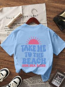 1pc Girls Printed Pullover Light Blue Short Sleeve T-Shirt, Comfortable & Fashionable Student/Young Summer Top, Girls Favorite - Blue - View 4