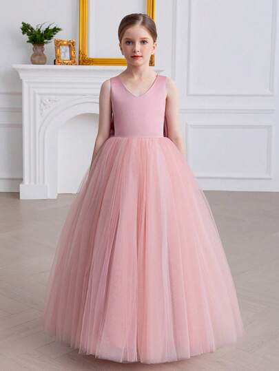 Tween Girl Solid Color V-Neck Sleeveless Mesh Dress With Bow Decor On Back, Princess Dress Suitable For Birthday Party, Wedding, Flower Girl, Prom, Important Occasions, Holiday