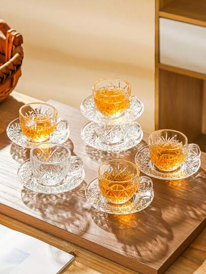1 套，豪华玻璃咖啡杯碟套装，非常适合午后休闲，透明设计 6 件，2.8 盎司/80 毫升，浓缩咖啡杯，适合家庭和派对