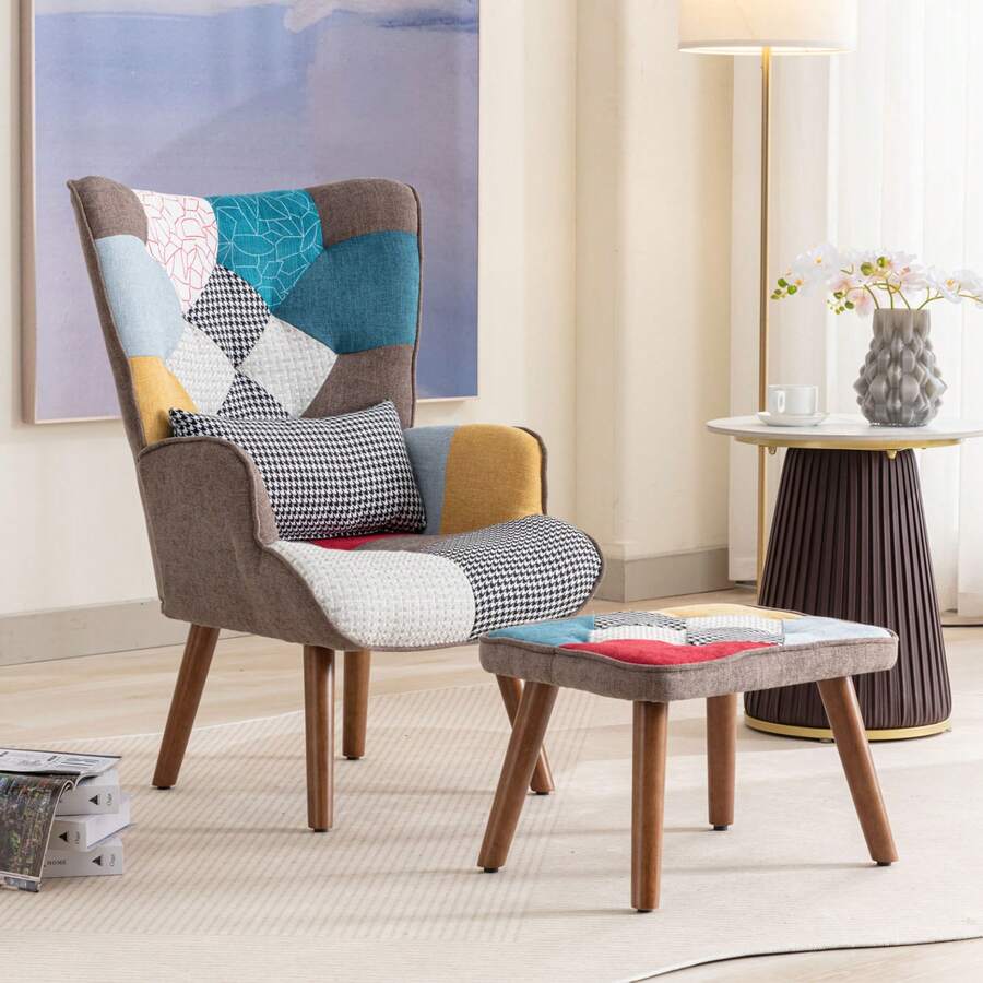 ModernLuxe Multi-Colour Lounge Chair With Footrest | Reading Chair | Ergonomic Backrest & Plush Cushion | Vibrant Accent Piece For Living Room | Perfect-Sized Seating In Bold Hues