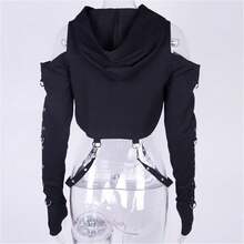 TOMETO Women Gothic Punk Hoodies Bandage Crop Tops Long Sleeve Pullover Sweatshirt Rave Festivals Streetwear