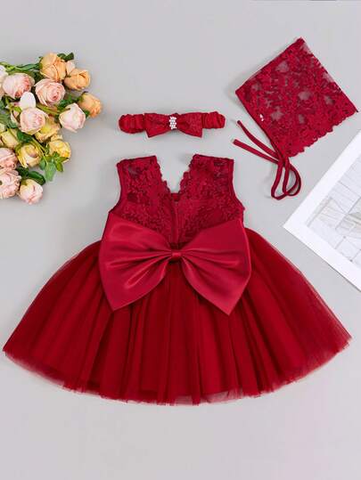 Infant Baby Girl0-2 Years Burgundy Formal Dress Outfit, Flowers Mesh Tulle Skirt Set For Wedding, Birthday
