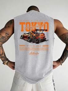 YUNCHIC - 男士休闲无袖上衣，轻便夏季运动服，创意汽车图案，圆领弹力打底衫，透气吸湿速干，健身训练外套及内搭 - 淺灰色 - 查看 1