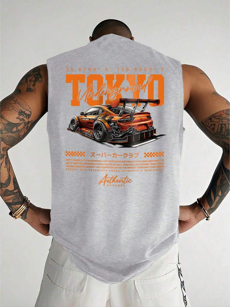 YUNCHIC - 男士休闲无袖上衣，轻便夏季运动服，创意汽车图案，圆领弹力打底衫，透气吸湿速干，健身训练外套及内搭 - 淺灰色 - 查看 1