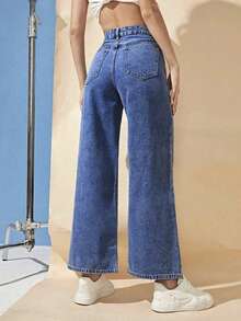 Pantalones vaqueros de mujer de cintura alta, pata ancha y longitud hasta el tobillo, de unicolor con bolsillos, cierre con cremallera y botón, estilo casual - Azul - Ver 2