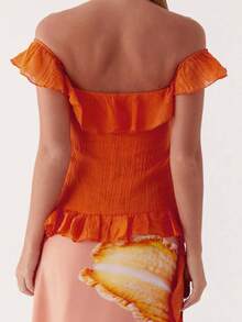 Women Off Shoulder Tops Ruffle Trim Solid Color Backless Showing Navel Shirts Summer Streetwear - 橘色 - 查看 7
