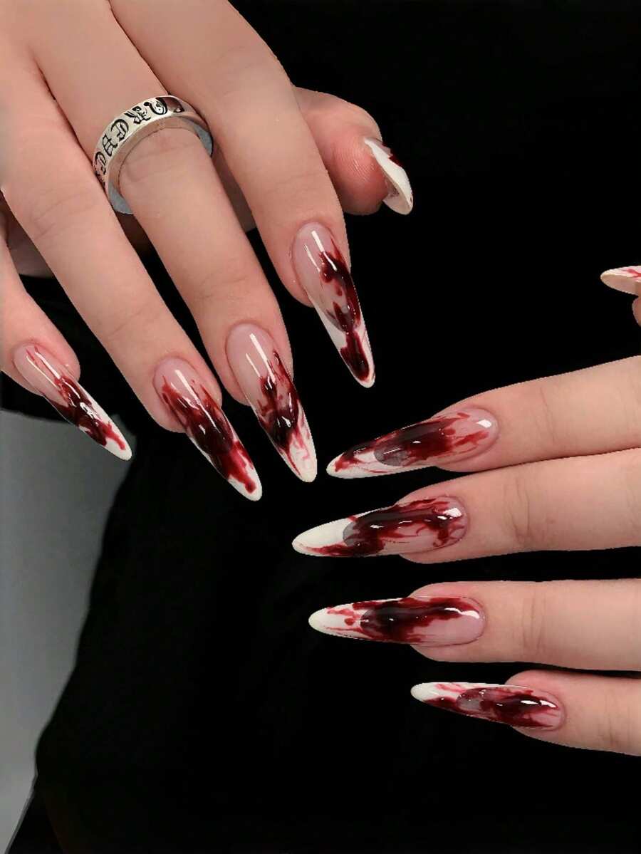 24片/1盒血腥法式长尖头万圣节血腥酷女孩辣妹压假指甲按压指甲美甲用品指甲