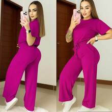 Set 2 piezas acanalado de blusa holgada con cordón en frente hombros caídos y pantalón acampanado con bolsas laterales y cordón en pretina de cintura tela fresca - Magenta - Ver 4