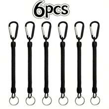 3/6 黑色线圈钥匙扣带伸缩腕带 - 带锁、伸缩绳、多功能防丢腕带、耐用锌合金锁夹，适用于户外徒步和露营装备、露营配件