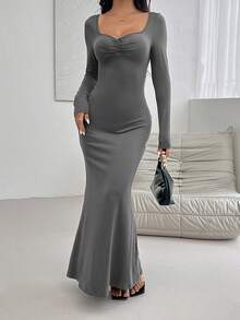 Women's Spring Summer Solid Color Sweetheart Neck Long Sleeves Ruched Fishtail Hem Long Elegant Dress - Dark Grey - View 4