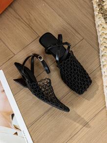Niche New High Heel Sandals For Women, Suitable For Party, Preppy, Elegant, Casual, Business, Street, Nightclub, Fabric & Mesh Patchwork, Fashion High Heel Slippers For Women, Party, Office, Home, Outdoor, Summer