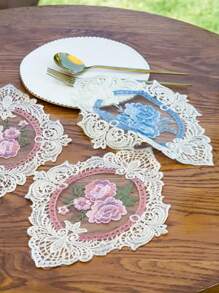 2 Stück Retro Bestickter Spitzen Untersetzer - Nordischer Stil Dreidimensional Bestickter Rose Untersetzer, 100% Polyesterfaser, hitzebeständend, dekorative Tischdecke, geeignet für Heim-Küchen-Dekoration und Foto-Hintergrund, Fotografie-Requisiten, Applikations-Accessoires DIY.