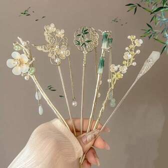 1/2/3/6 Stücke Neuer Chinesischer Stil Haarclips-Kombination, Französischer Stil minimalistischer, lässiger, modischer, eleganter Retro-Haarschmuck aus Zinklegierung für Hanfu, Neue Chinesische Stil Haarknoten Clips, Quasten Haarnadeln, Kinderkostüm Kopfschmuck, hochwertige Qualität, perfektes Geschenk zum Valentinstag