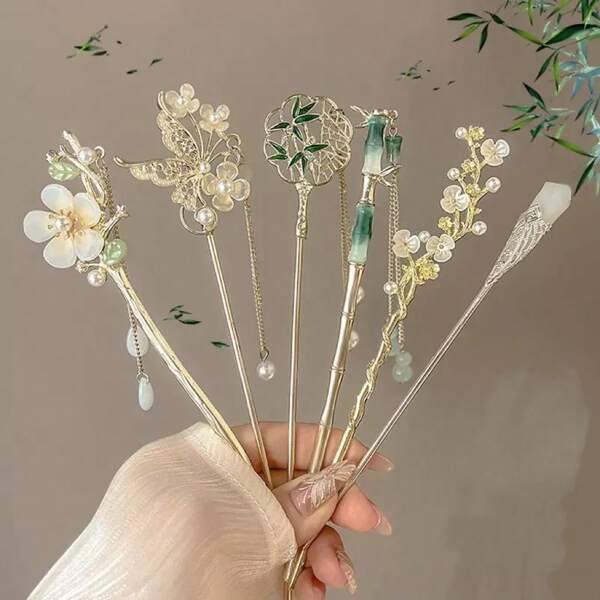 1/2/3/6pcs New Chinese-Style Hair Clips Combo, French Style Minimalist Casual Fashionable Retro Elegant Zinc Alloy Material Hanfu Hair Accessories, New Chinese-Style Hair Bun Clips, Tassel Hair Sticks, Chinese Dress Headpieces, High-End Quality, Perfect Gift For Valentine's Day, School Stuff, Hair Piece