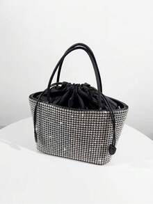 1pc Diamond-Studded Handbag, 2025 New Minimalist High-End Rhinestone Drawstring Shopping Basket Tote Shoulder Crossbody Bag. Metal Chain, Drawstring Closure, Fashion Luxurious Diamond Handbag Suitable For Parties, Banquets, And Social Gatherings. - Multicolor - View 6