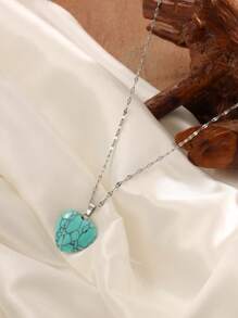 1 Peça Colar Elegante de Moda com Pingente de Coração de Turquesa Natural, Corrente de Aço Inoxidável 316L, Presente de Amor para Casais, Adequado para Mulheres em Férias na Praia, Uso Casual, Presente de Joias de Volta às Aulas