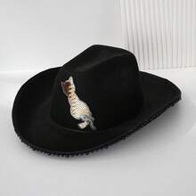 Womens Cowgirl Hat Cute Sequin Cat Western Style Black Pearl Wide Brim Fedora Hat With Adjustable Strap - Black - View 2