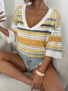 Suéter de punto calado con rayas de color contrastante para mujer de talla grande, adecuado para vacaciones y fiestas en la playa - Amarillo - Ver 5