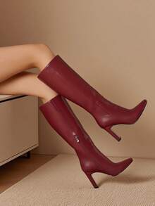 Women's Solid Knee High Boots Fashion Square Toe Block Chunky High Heels Side Zipper Party Dress Sexy Fall Boots Woman - 酒紅色 - 查看 4