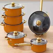 Set de Cocina de Acero Inoxidable de 12 Piezas, Set de Cocina de Acero Inoxidable, Set de Cocina Multiusos, Set de Cocina Completamente Envuelto con Tapa de Vidrio con Mango Térmico, Apto para Lavavajillas, Diseñado Ergonómicamente - Naranja - Ver 3