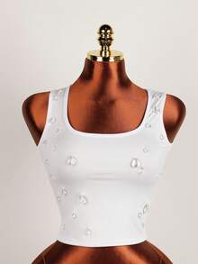 Áo tank top crop Kpop gợi cảm mùa hè FQLWL dành cho nữ, không tay, thích hợp tập gym, đi nghỉ mát, họa tiết giọt nước, phong cách boho, màu trắng thường ngày. - trắng - Xem 4