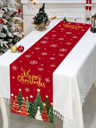 1pc 35*180cm/13.78*70.87in Christmas Tablecloth, Red Snowflake Christmas Tree Printed Table Cover Fabric, Suitable For Holiday Dinner Tables, Christmas Party Decorations, Winter Family Gatherings, Dining And Coffee Tables