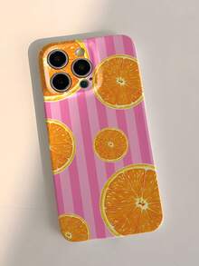 1 pièce Étui de téléphone rigide en fibre de bois perforé, motif de tranche d'orange rayée, style minimaliste et frais pour l'été. Compatible avec 11/12/13/14/15/16 Pro Max. Étanche, antichoc, résistant aux rayures. - Multicolore - Voir 2