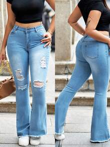 Women's Tight Flared Jeans With Fashionable Torn Holes And Pockets, Made Of Raw Hemp, Casual And Versatile, Women's Flared Jeans - 中等水洗藍 - 查看 1