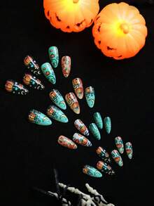 24PCS/1BOX Cute Pumpkin Almonds Halloween Stars And Moon Cute Pumpkin Pressing Fake Nails Press On Nail - Multicolor - View 4