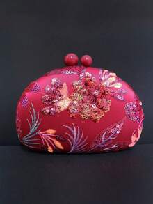 Unique Vintage Embroidered Floral Pattern Clutch Bag, Suitable For Daily Wear, Cheongsam, Evening Gown, Applicable For Banquet, Event, Party - Burgundy - View 1