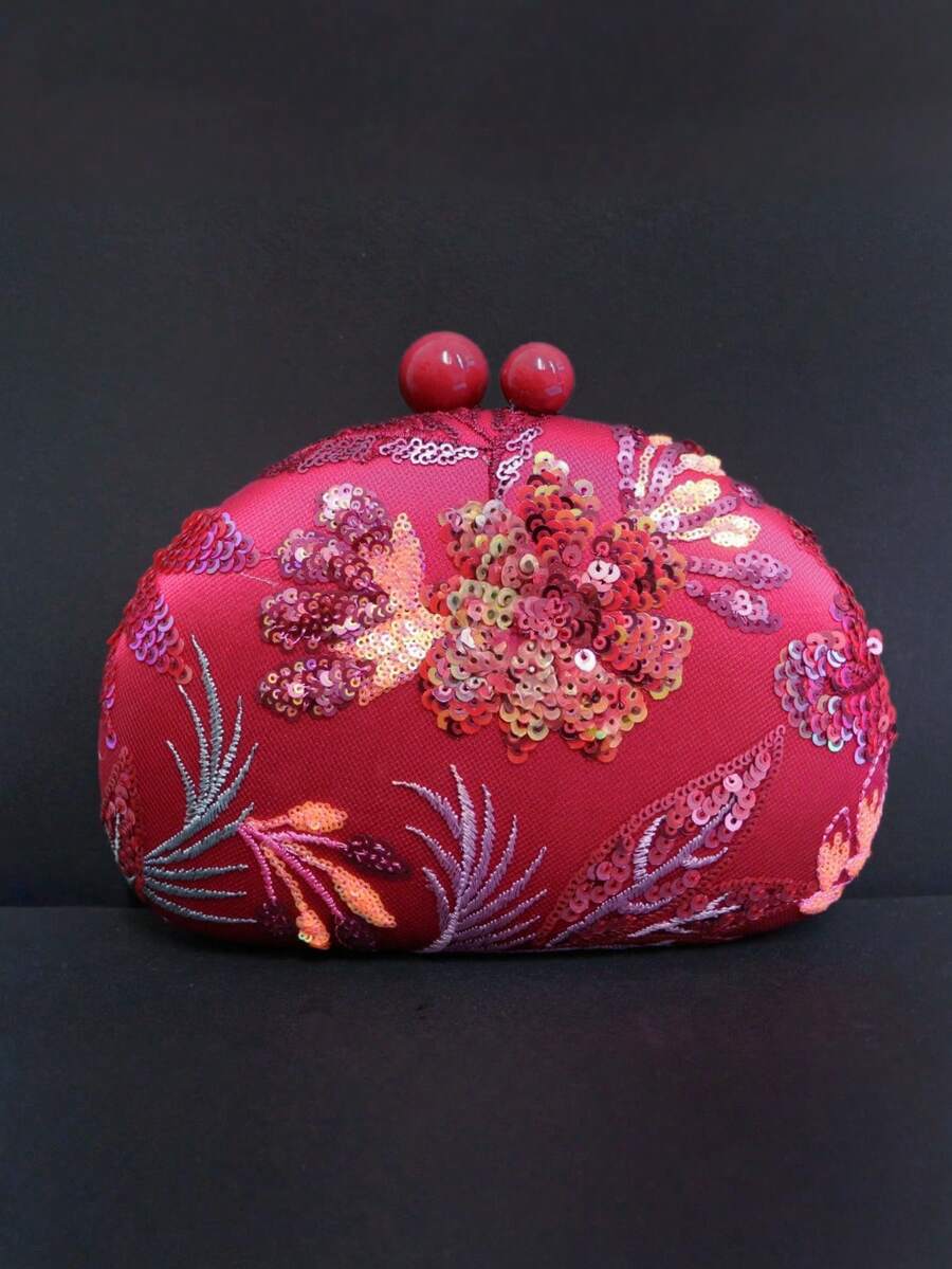 Unique Vintage Embroidered Floral Pattern Clutch Bag, Suitable For Daily Wear, Cheongsam, Evening Gown, Applicable For Banquet, Event, Party - Burgundy - View 1