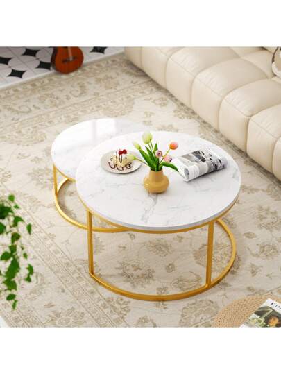 Set Of Coffee Tables, Round Side Living Room Tables MDF Tabletops Metal Frames, Nesting In Moderne Ideal Rooms