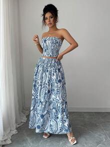 女士全印花无肩带休闲优雅沙滩婚礼两件套（上衣和裙子）夏季 - 藍色 - 查看 2