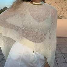Summer Irregular Knitted Cover-Ups Crop Tops Mesh Poncho Womens Sheer Poncho Shrug Bolero Lightweight Summer Shrug Pullover Sweater Y2k Aesthetic Vintage Boho Beach Vacation Going Out Clothes - 黃色 - 查看 6