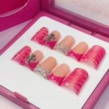 Red Fantasy Y2K Duck Nails Short Press-On Acrylic Nails, 10 Pcs Handmade 2025 Summer Gradient Pink Nails Embellished With Tiger-Stripe Patterns,Silver Cross For Party, Wedding, Holiday & Daily Wear-Reusable Gel Acrylic, Easy Application With Jelly Glue Set Included - 玫紅色 - 查看 2