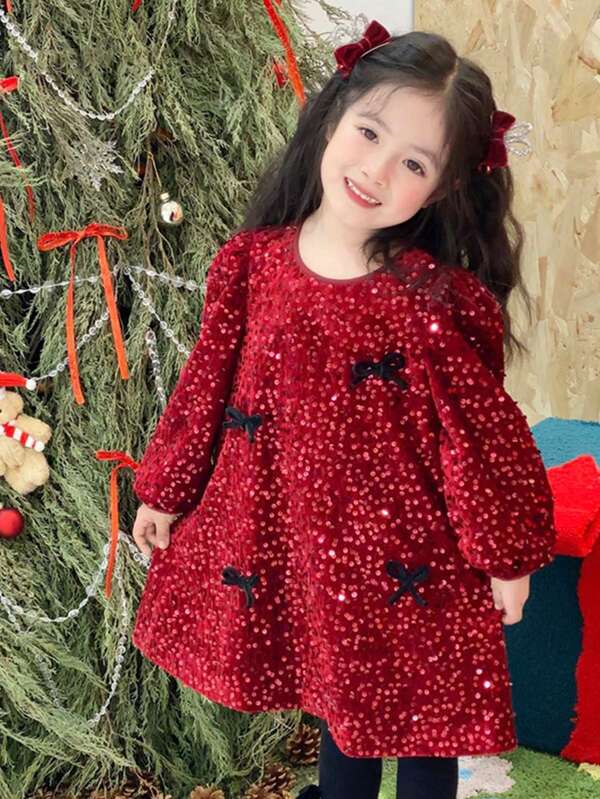 1pc Young Girls Adorable Sweety Red Bowknot Long Sleeve Dress, Autumn/Winter