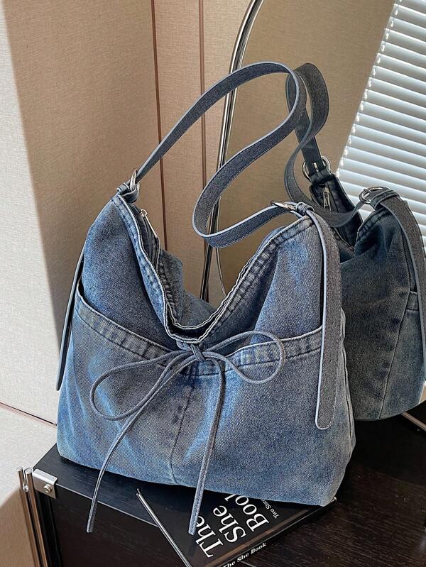 New Fashion Casual Solid Color Washed Denim Fabric Bowknot Decor Multi-Pocket Large Capacity Women Shoulder Bag