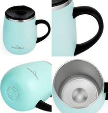GRANDTIES - Taza de café aislante con asa, tapa deslizante para evitar salpicaduras, termo con forma de copa de vino de 16 oz con doble pared al vacío de acero inoxidable - Verde Polvo - Ver 7