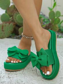 女士时尚户外一脚蹬拖鞋绿色厚底防滑轻便蝴蝶结装饰面料凉鞋 - 綠色 - 查看 6