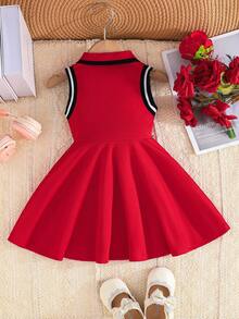 Baby Girls Breathable Comfort Cute Collegiate Collar Embroidery Decor Dress, Elegant Fashion Dress For Girls, Summer - Red - View 2