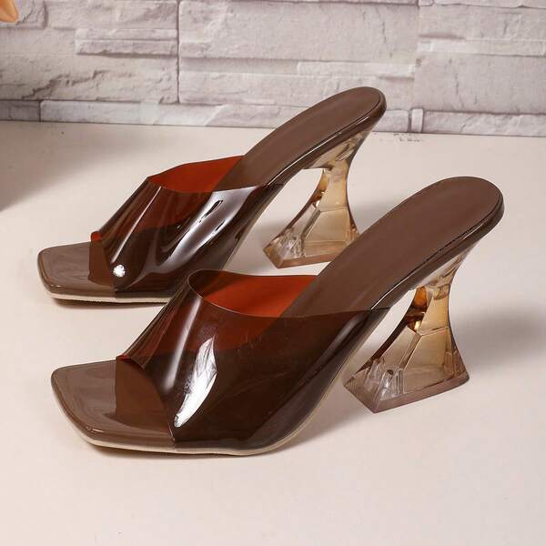 2025 Spring & Summer Highlight Hot Girl - Style Brown Transparent Mules, Square - Toe Open - Toe + Asymmetric Clear Heel , Patent Leather Texture Heeled Sandals