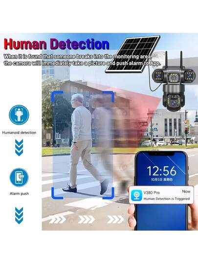 SWVW Wi Fi Solar IP Camera CCTV 15MP Dual Lens Triple Screen PTZ Auto Tracking 6K Security Surveillance V380 Pro Camera, Pet Tracking, Floodlight AI Motion, Home 355 Degree Horizontal 90 Vertical Rotation, Video Network System Support Two Way Voice view 9